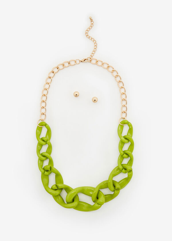 Chunky Resin Necklace & Studs Set, Bright Chartreuse image number 0