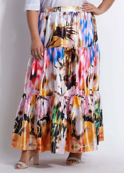 Floral Tie-Dye Satin Maxi Skirt, Multi image number 0