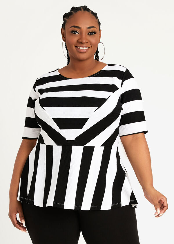 Plus Size Black White Colorblock Stripe Elbow Sleeve Peplum Top