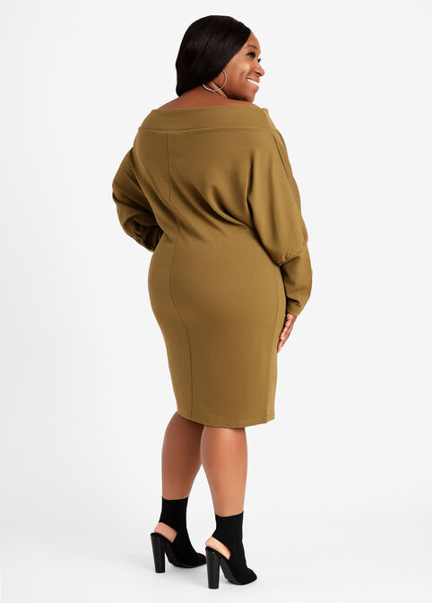 Off The Shoulder Bodycon Dress, Military Olive image number 1