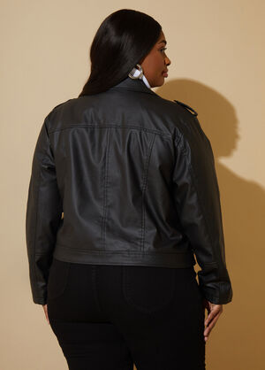 Faux Leather Belted Moto Jacket, Black image number 1