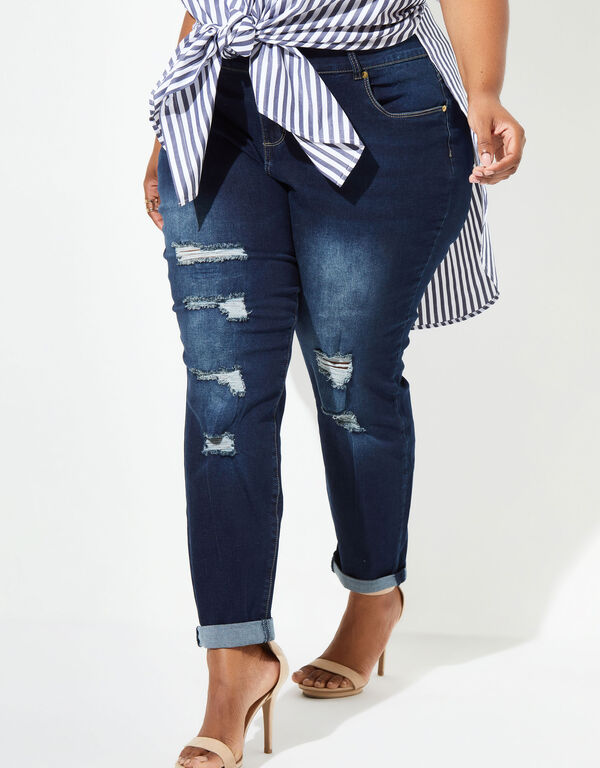 Cuffed Distressed High Rise Jeans, Dk Rinse image number 0