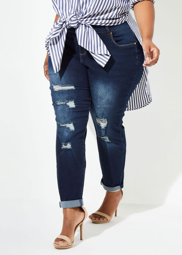 Cuffed Distressed High Rise Jeans, Dk Rinse image number 0