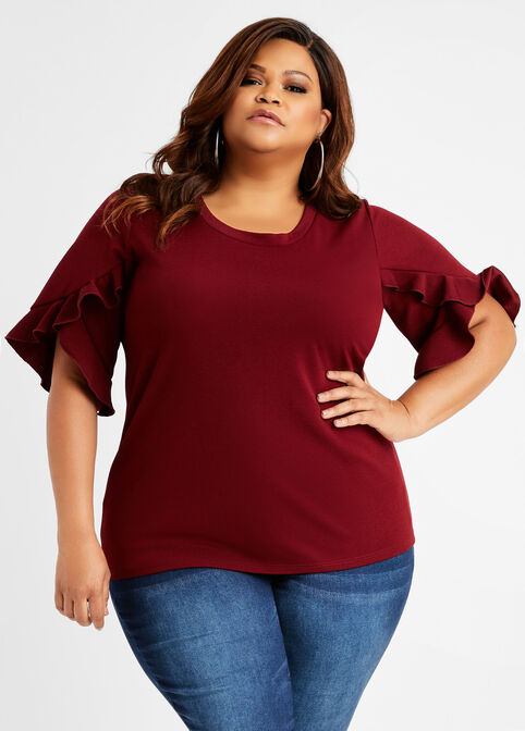 Plus Size Chic Pique Scoop Neck Ruffle Short Sleeve Stretch Knit Top image number 0