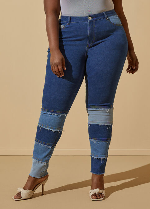 Mid Rise Patchwork Skinny Jeans, Denim Blue image number 3