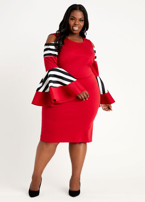 Colorblock Drama Sleeve Dress, Chili Pepper image number 0