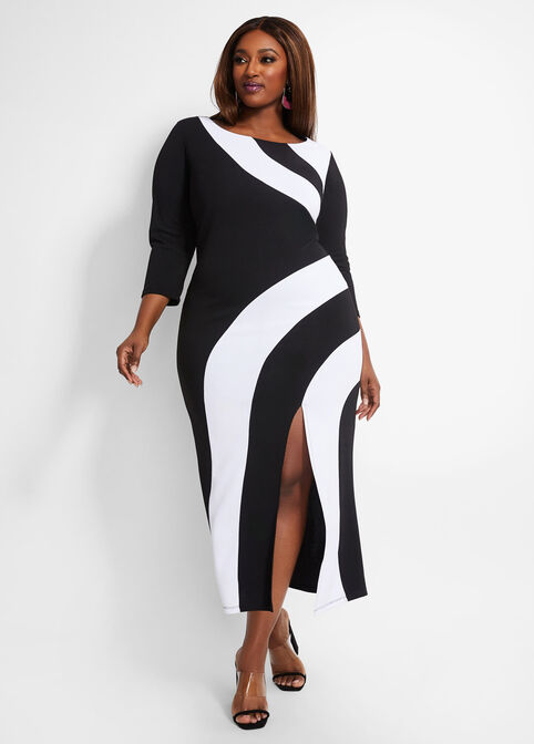 Tall Colorblock Front Slit Dress, Black White image number 2
