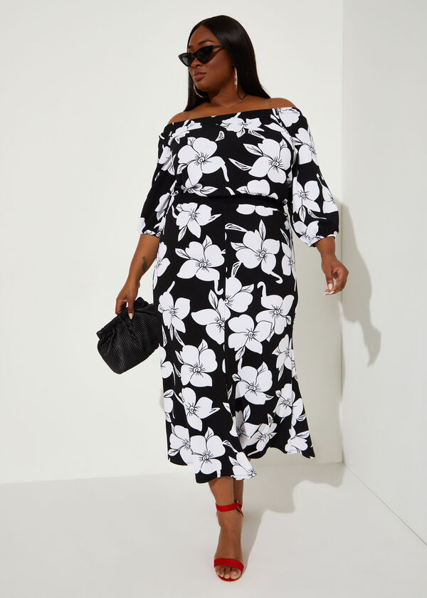 Off The Shoulder Floral Maxi Dress, Black White image number 2