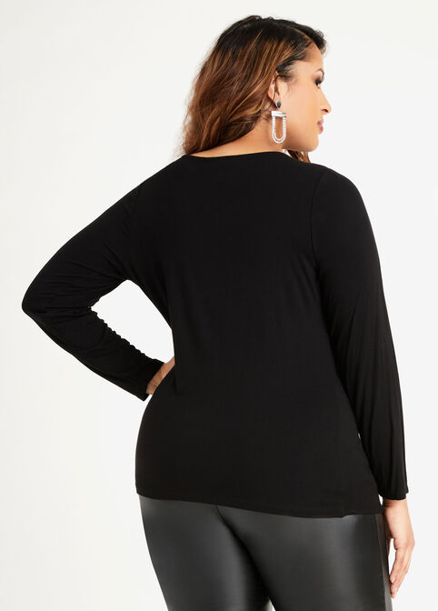 Rhinestone Ruched Stretch Knit Top, Black image number 1