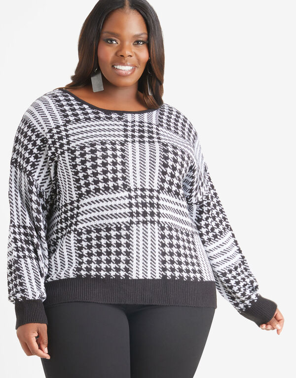 Knotted Houndstooth Sweater, Black White image number 1