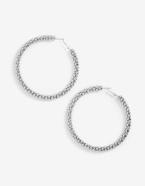 Silver Textured Hoop Earrings, Silver image number 0