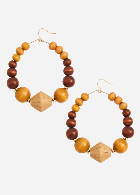 Colorblock Wood Bead Hoop Earrings, Brown image number 0