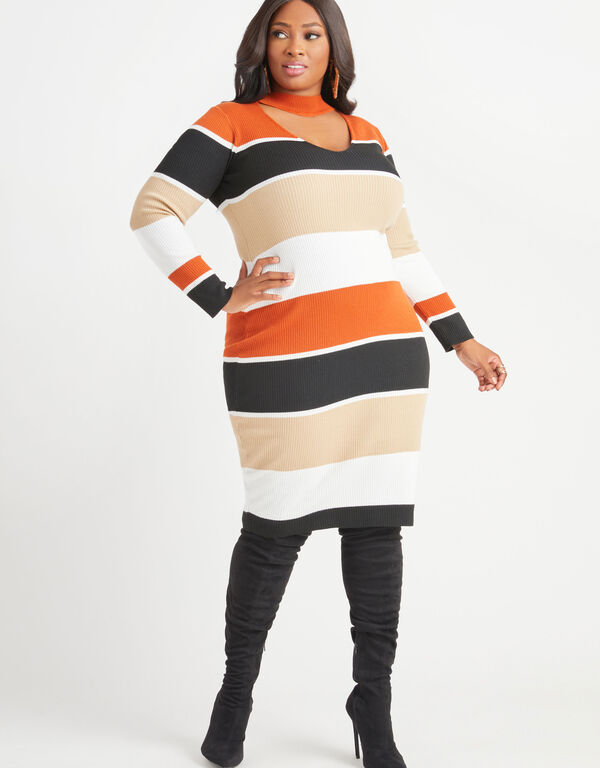 Cutout Striped Sweater Dress, Potters Clay image number 0