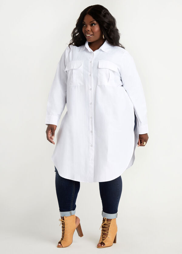 White Cotton Cargo Button Up Duster, White image number 0