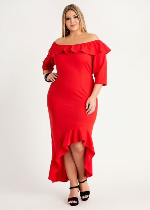 Plus Size Off The Shoulder Ruffle Flounce Bodycon Hi Low Sexy Dress image number 0