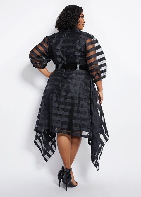 Belted Organza Stripe ALine Dress, Black image number 1