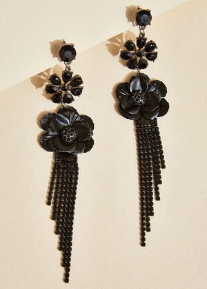 Fringed Flower Dangle Earrings, Black image number 1
