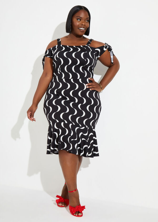Knotted Swirl Bodycon Dress, Black White image number 0