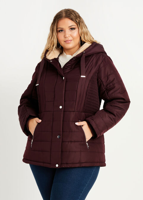 Faux Fur Lined Hooded Quilted Coat, Wine image number 0
