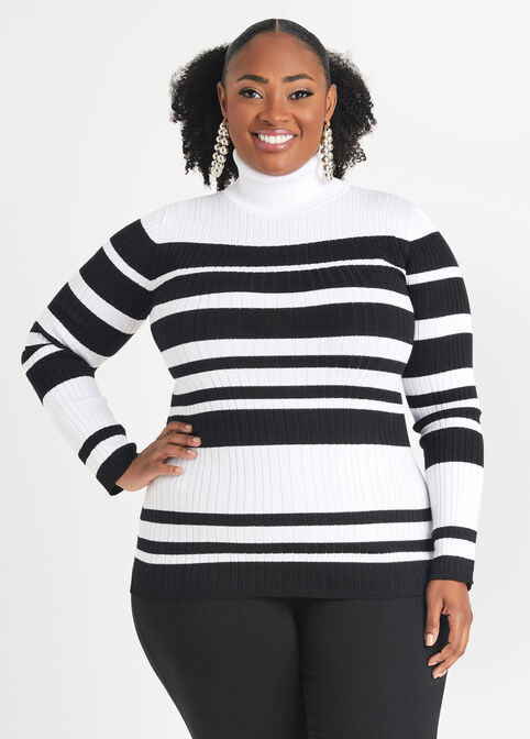 Striped Ribbed Turtleneck Sweater, White Black image number 0