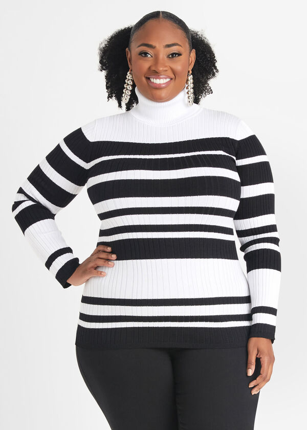 Striped Ribbed Turtleneck Sweater, White Black image number 0