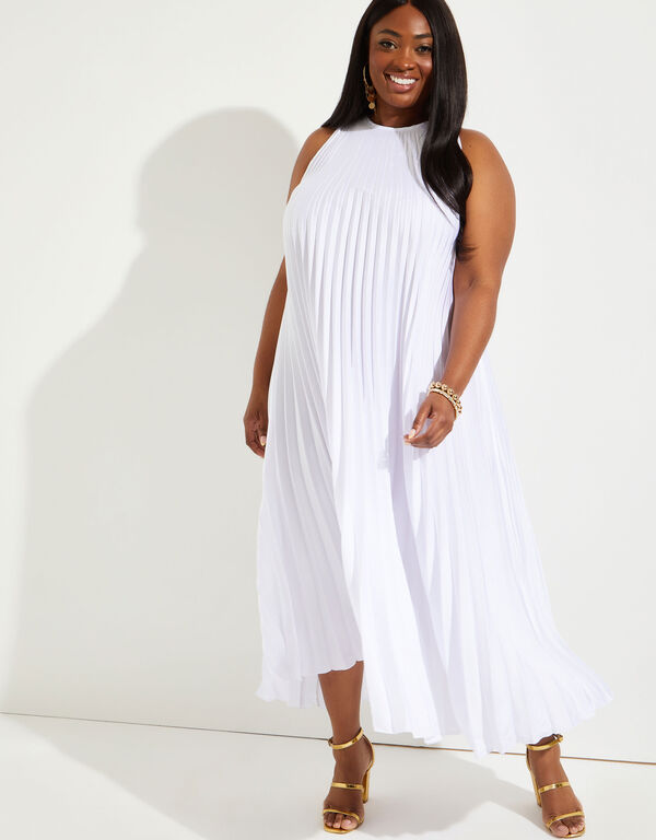 Belted Pleated Satin Maxi Dress, White image number 0