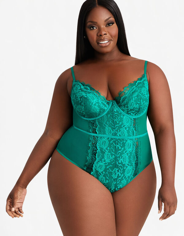 Lace Paneled Mesh Bodysuit, Bright Green image number 0