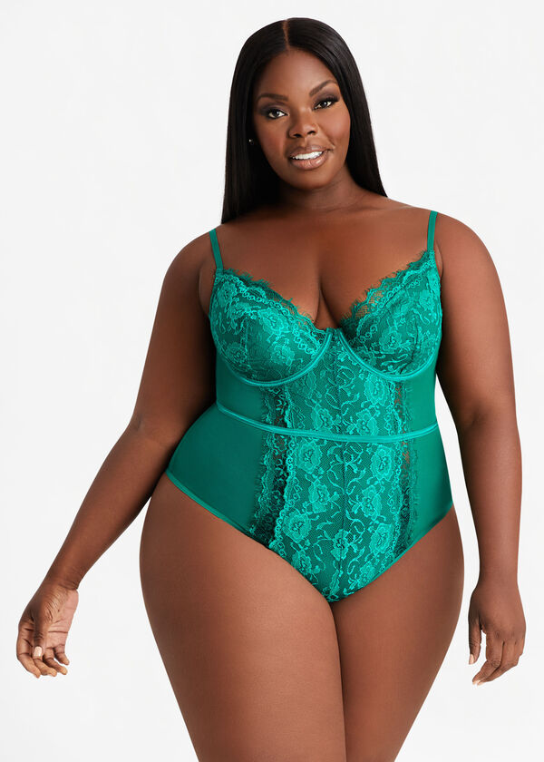 Lace Paneled Mesh Bodysuit, Bright Green image number 0