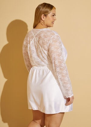 Lace Paneled Satin Robe, White image number 1