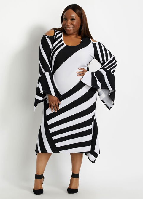 Striped Cold Shoulder Dress, Black White image number 2