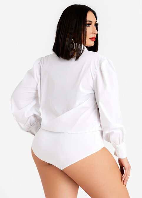 Puff Sleeve Button Up Bodysuit, White image number 2
