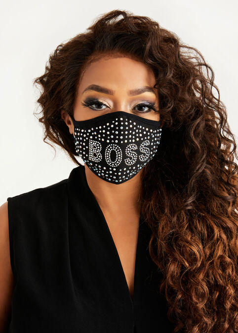 Boss Rhinestone Fashion Face Mask, Black image number 0
