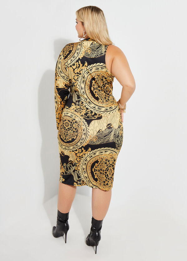 One Shoulder Printed Bodycon Dress, Black Combo image number 1