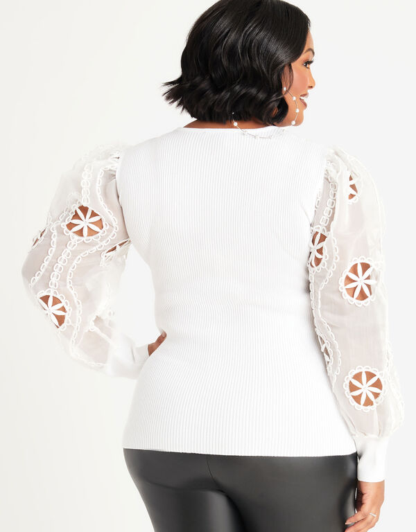 Embroidered Chiffon Ribbed Sweater, White image number 1