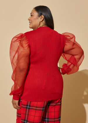 Organza Sleeved Ribbed Sweater, Barbados Cherry image number 1