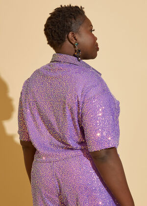 Cropped Sequined Mesh Shirt, Purple image number 1