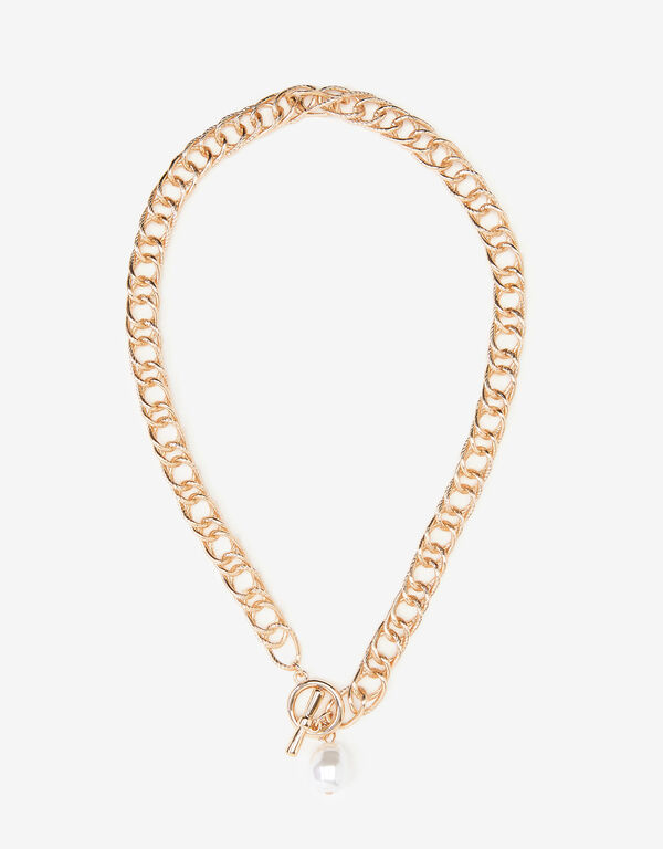 Faux Pearl Chain Link Necklace, Gold image number 1