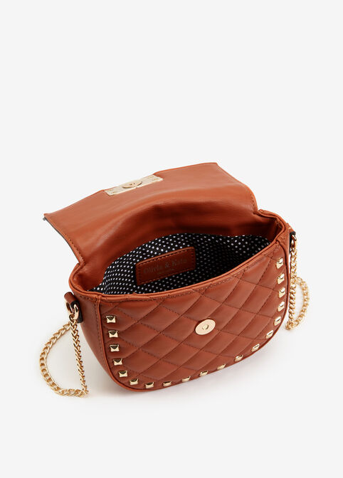 Studded Quilted Faux Leather Bag, Cognac image number 2