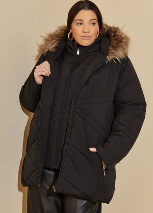 Faux Fur Trimmed Hooded Coat, Black image number 0