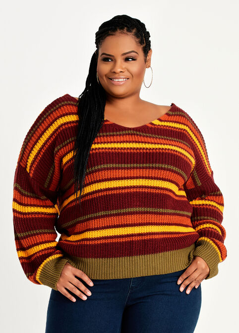 Striped Knot Back Sweater, POMEGRANATE image number 1