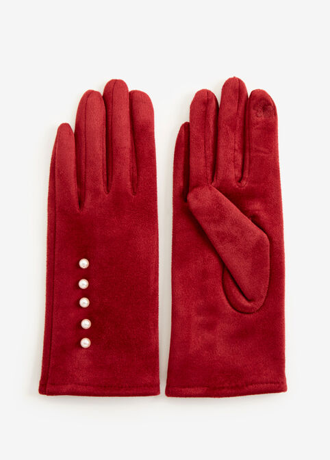 Pearl-Trim Faux Suede Tech Gloves, Chili Pepper image number 0
