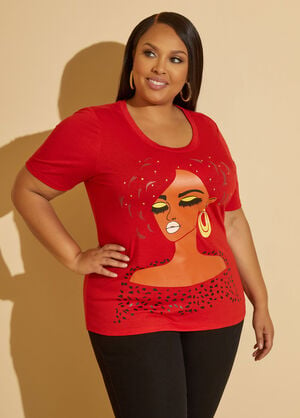 Face Print Studded Graphic Tee, Barbados Cherry image number 0