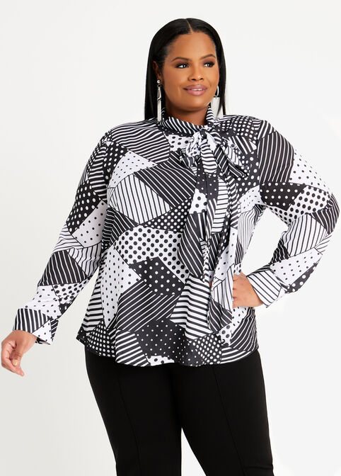 Patchwork Tie Neck Blouse, Black White image number 0