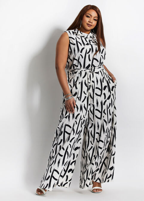 Tall Abstract Wide Leg Jumpsuit, Black White image number 0