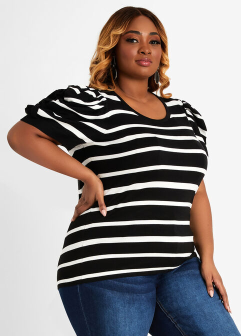 Plus Size Stripe Ruched Ruffle Trim Puff Elbow Sleeve Stretch Sweater image number 0