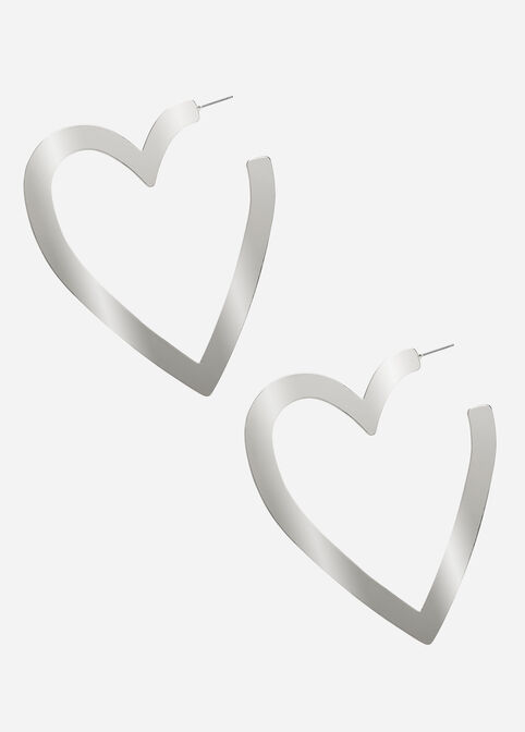 Silver Heart Hoop Earrings, Silver image number 0