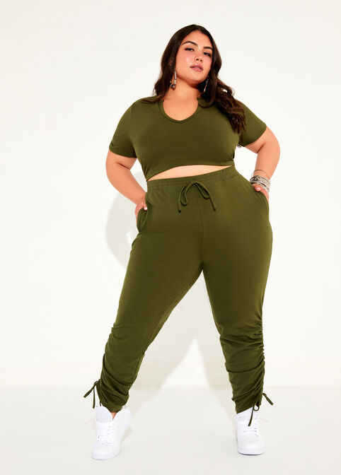 Trendy Plus Size Ruched High Waist Sexy Stretch Leggings Crop Top Set image number 0