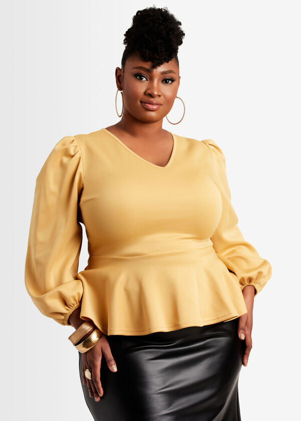 The City Long Sleeve Peplum Top, Nugget Gold image number 0