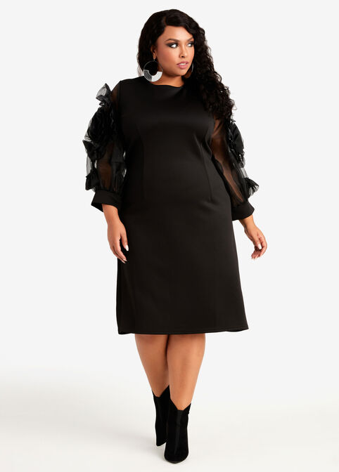 Organza Ruffle Sleeve Sheath Dress, Black image number 0