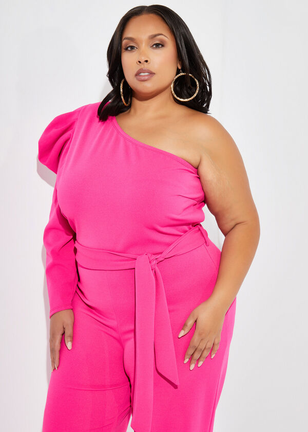 Puff Sleeve One Shoulder Jumpsuit, Fuchsia image number 2